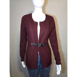 Carole Little Merino Wool Blend Buckle Knit Cardigan Sweater Maroon Womens Sz L